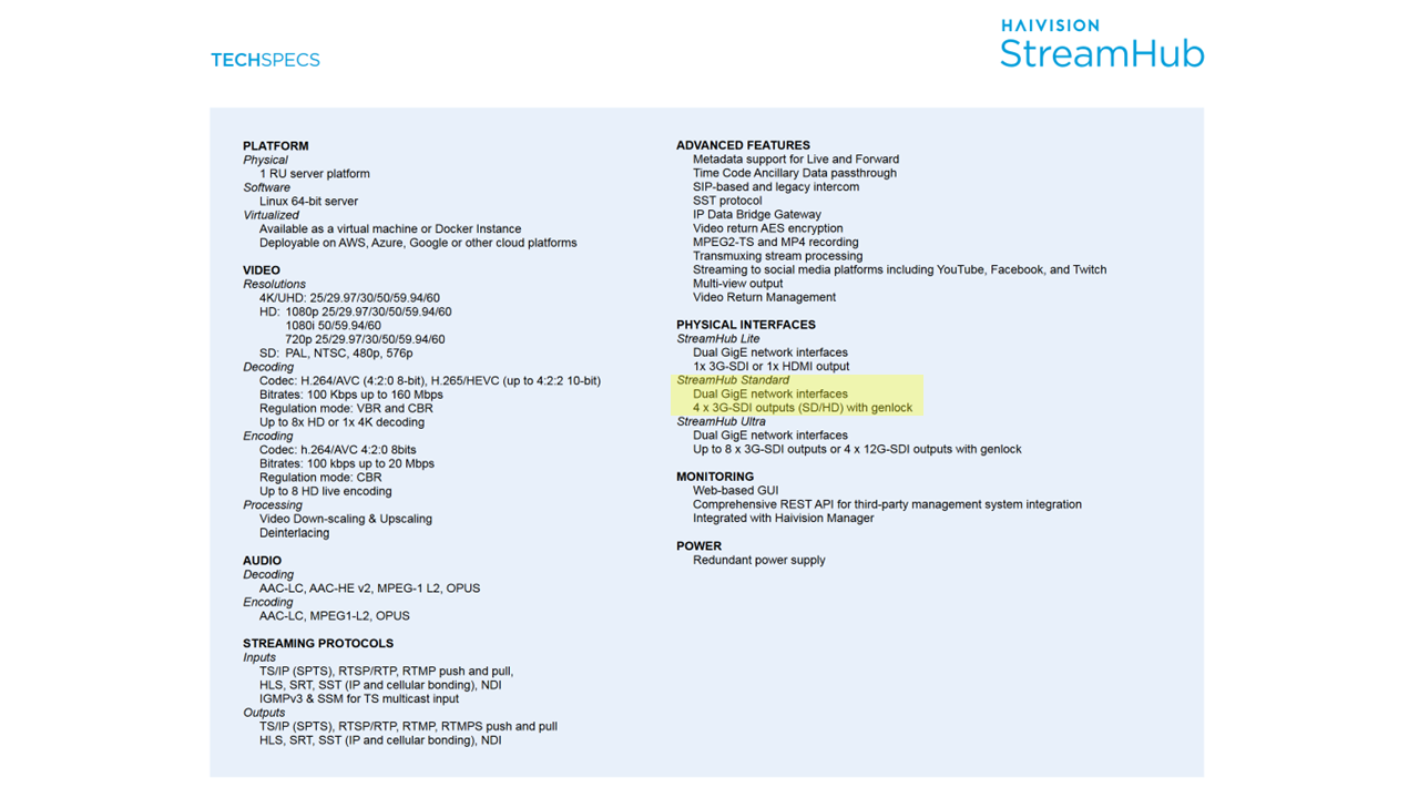 Haivision StreamHub Server & Software Bundle - Standard 4 SDI 1RU Hardware Platform with SST4 GCP Software License