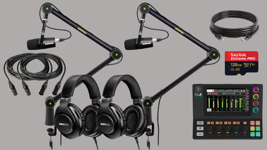Mackie DLZ Creator XS - 2 Person Podcast Bundle with Shure MV7 Mic, Boom Arm, and Headphone