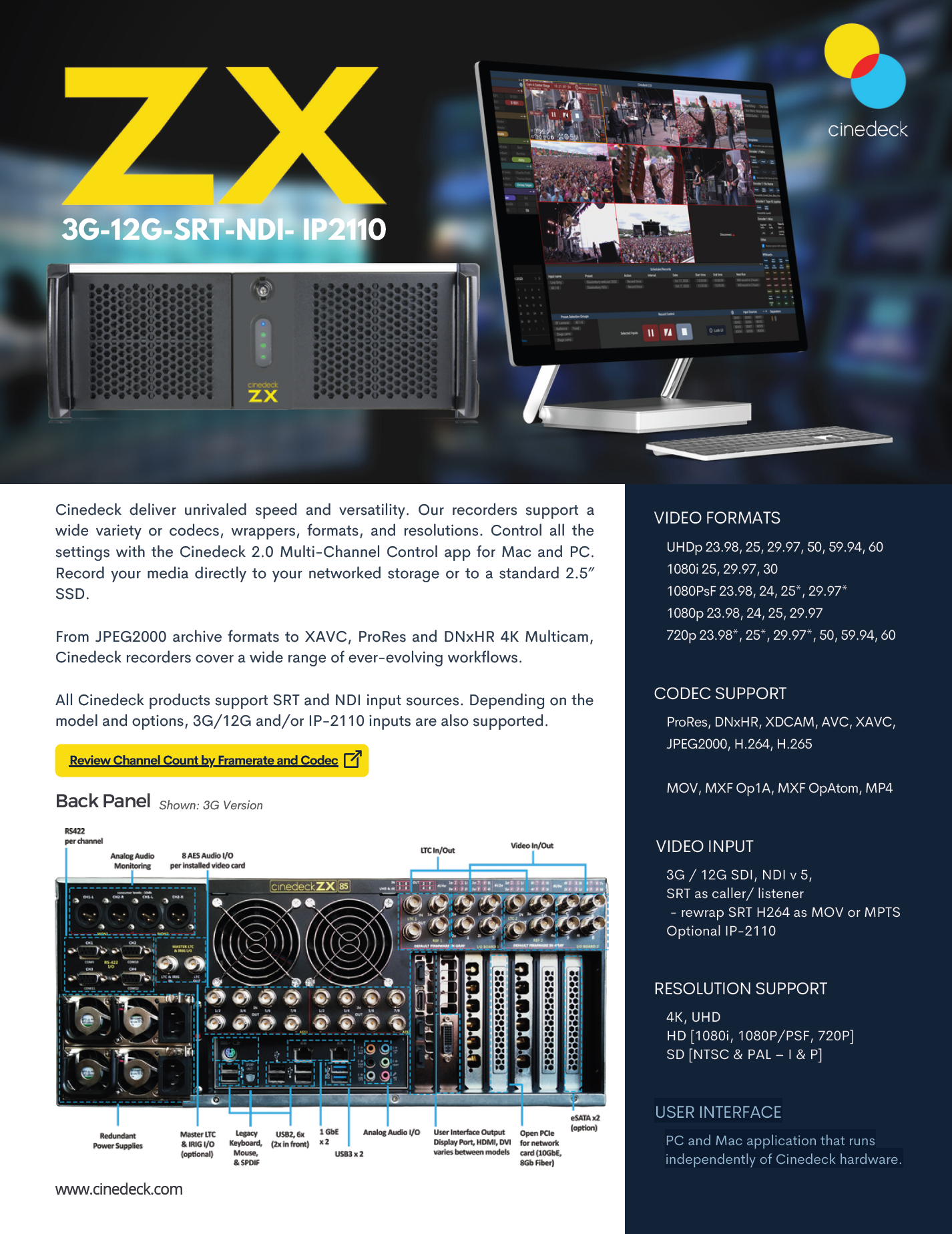 Cinedeck ZX85 4U - 12G-SDI, 8-input up to 30p, NDI and SRT Multi-Channel Video Recorder Server